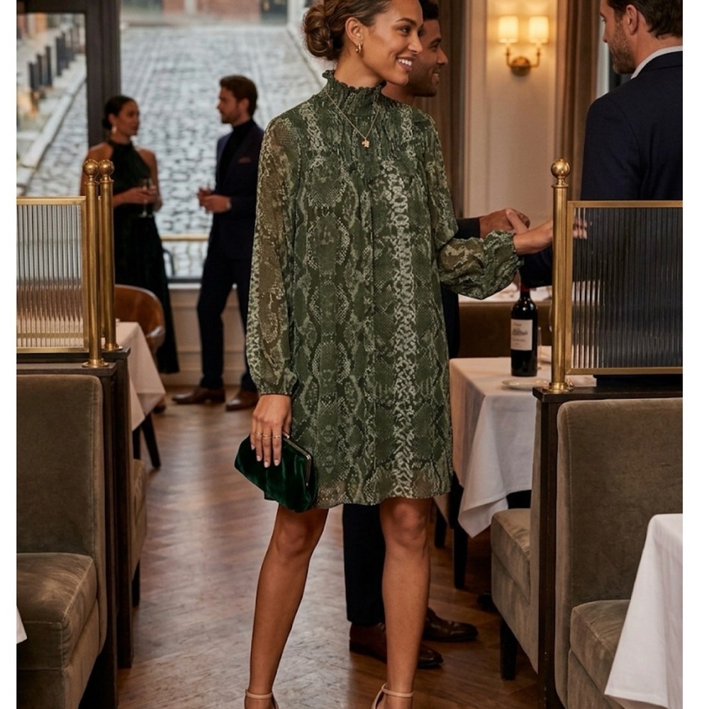 H&M Olive Green Snake Print Mock Neck Dress